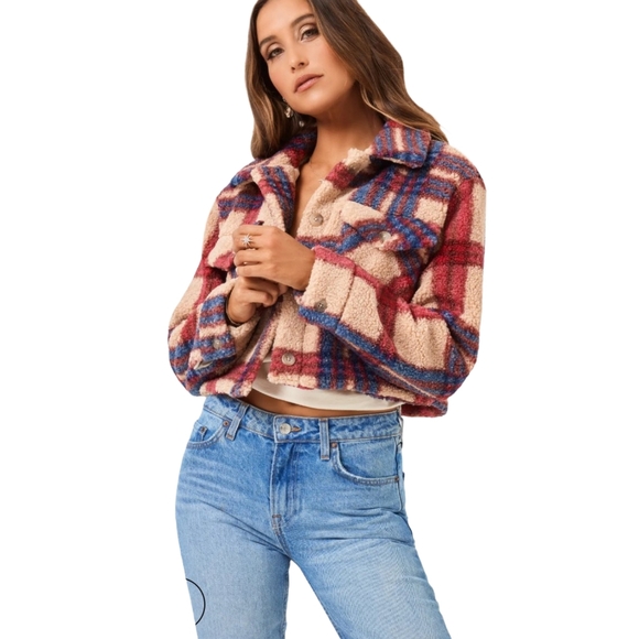 L*SPACE Big Sur Plaid Sherpa Cropped Jacket NWT - Picture 6 of 11